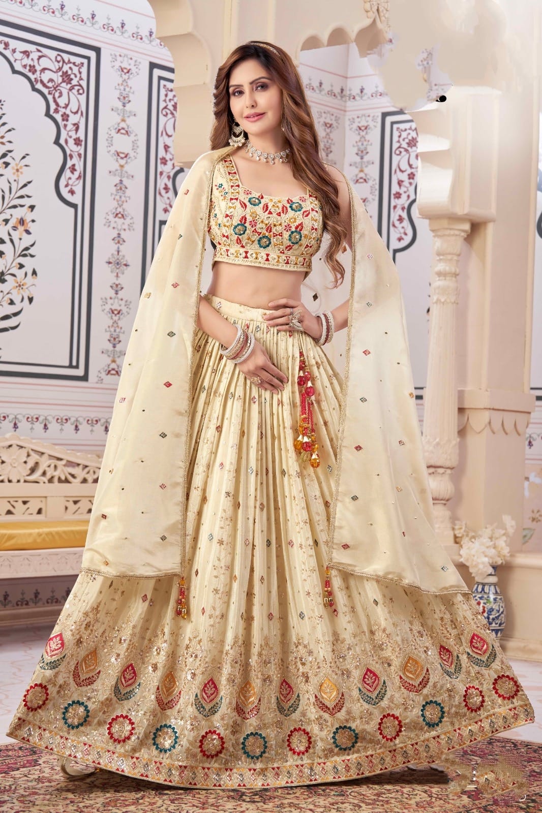 Shree Shanti Selection - Cream Embroidered Lehenga Choli